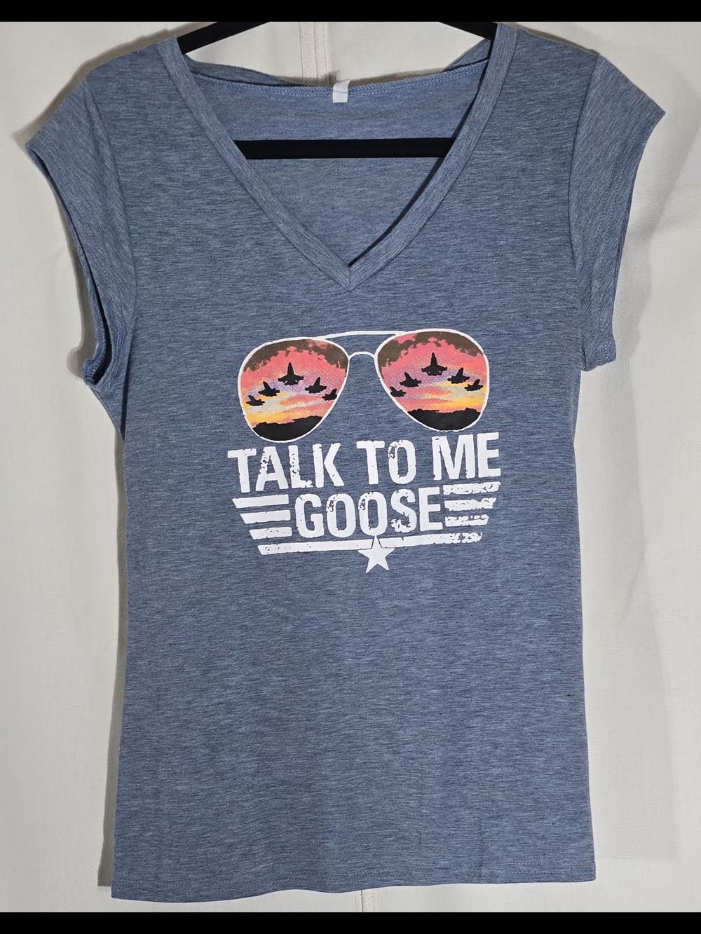 Talk To Me Goose Women's Blue V-Neck Graphic Tee